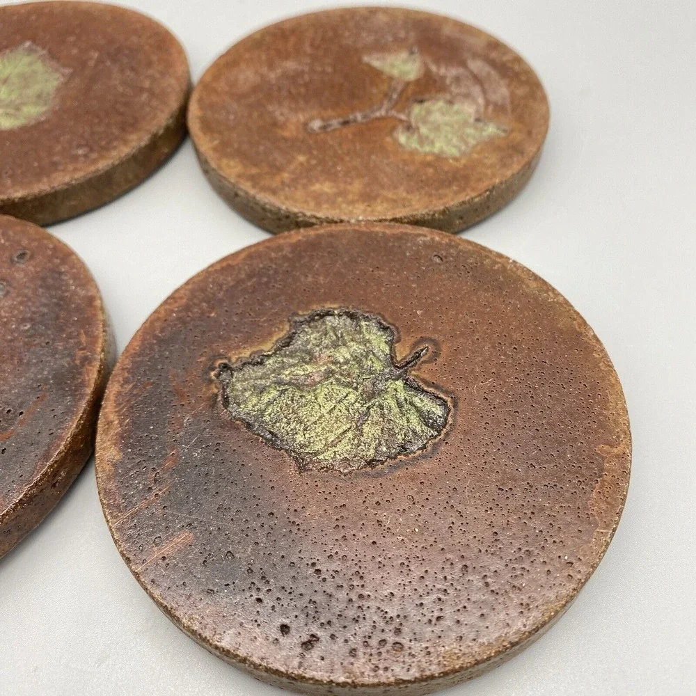 Set Of 4 Handmade‎ Clay Coasters  Pressed Leaves Neutral Tones